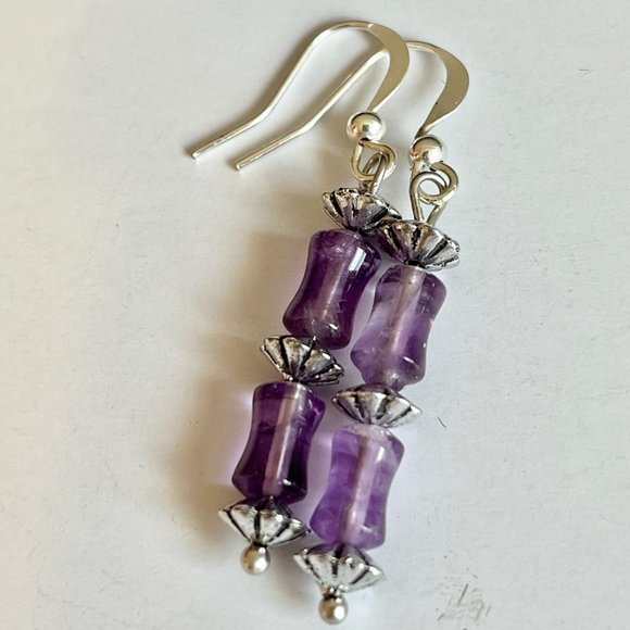 Lavender Purple Amethyst Bead Earrings Silver Plated Dangle Semiprecious - Picture 7 of 9